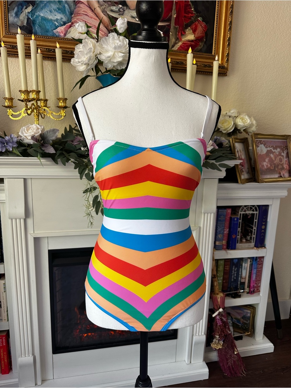 Unique Vintage Multi-Stripe One-Piece Swimsuit in Rainbow Colors